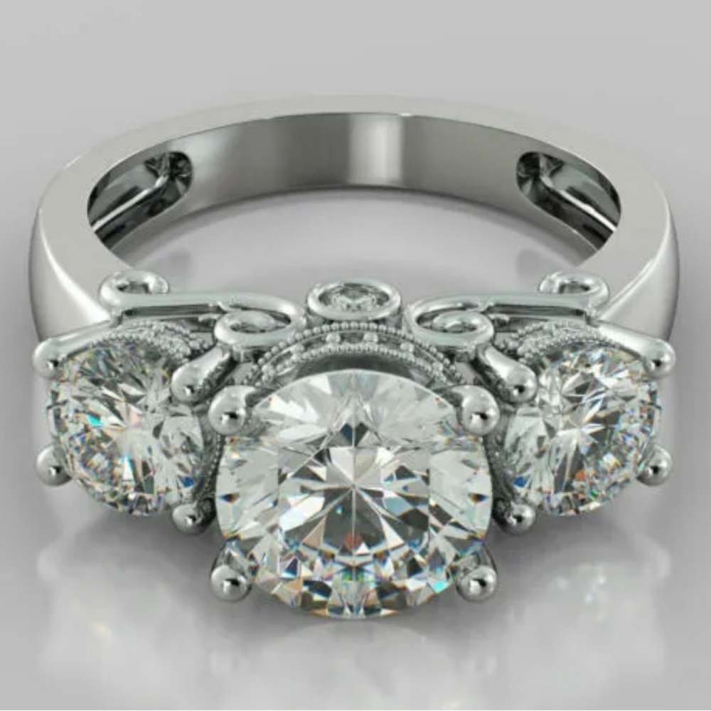 3.16Ct Round Moissanite Three Stone Sterling Silver Engagement Ring, Size 6